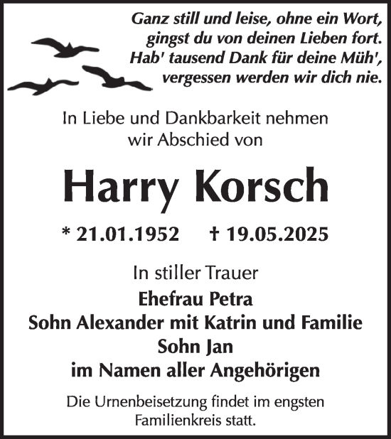 Traueranzeige von Harry Korsch von WochenKurier