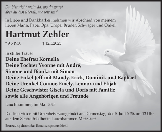 Traueranzeige von Hartmut Zehler von WochenKurier