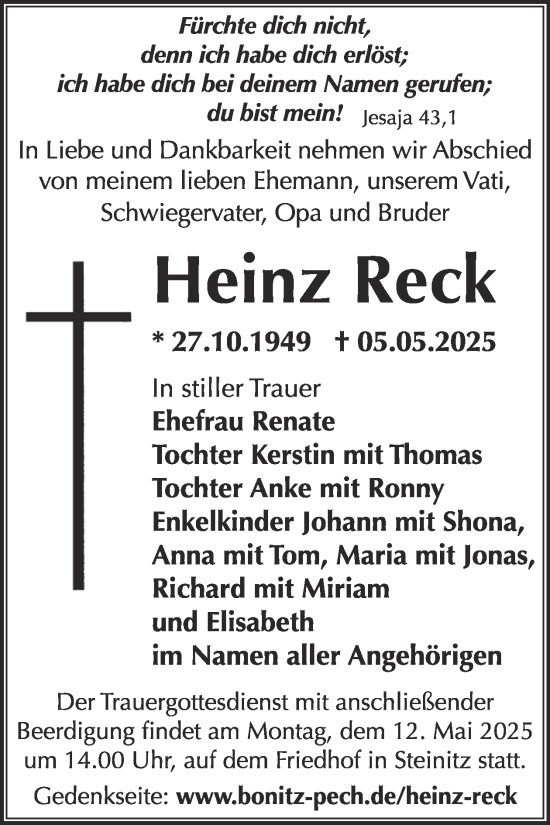 Traueranzeige von Heinz Reck von WochenKurier
