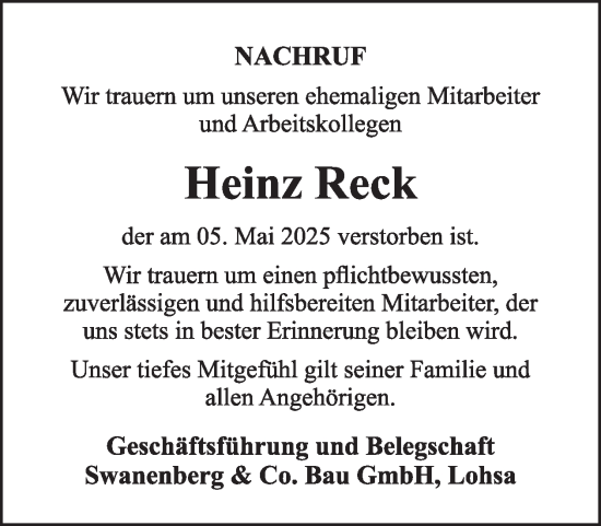 Traueranzeige von Heinz Reck von WochenKurier
