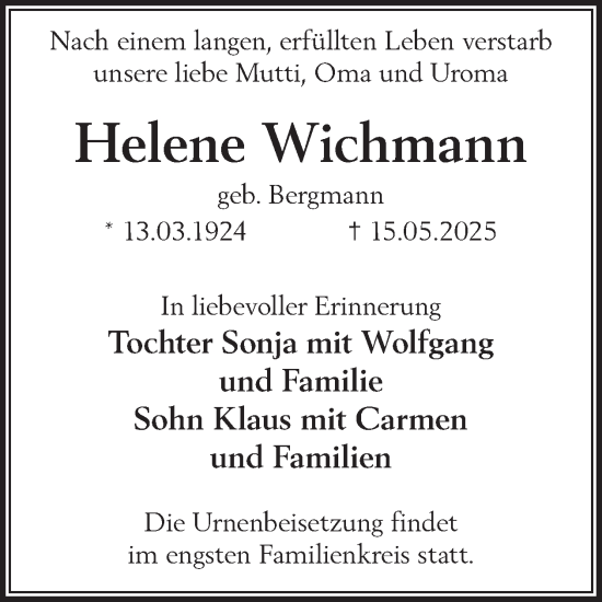 Traueranzeige von Helene Wichmann von WochenKurier