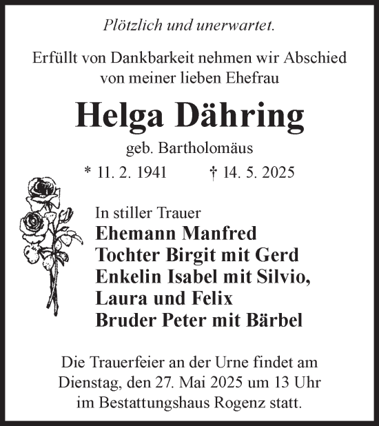 Traueranzeige von Helga Dähring von WochenKurier