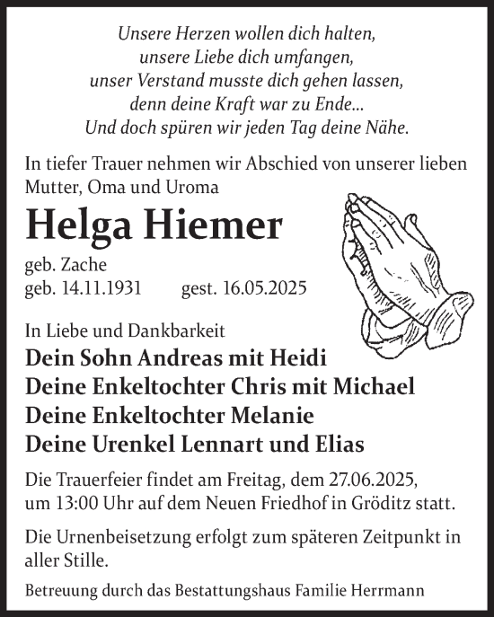 Traueranzeige von Helga Hiemer von WochenKurier