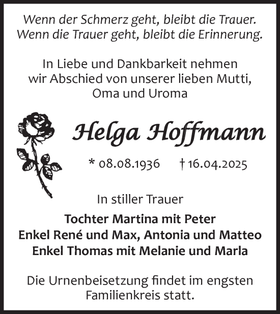 Traueranzeige von Helga Hoffmann von WochenKurier