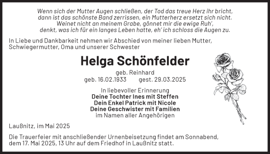 Traueranzeige von Helga Schönfelder von WochenKurier