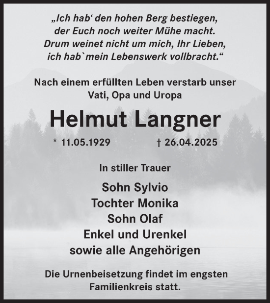 Traueranzeige von Helmut Langner von WochenKurier
