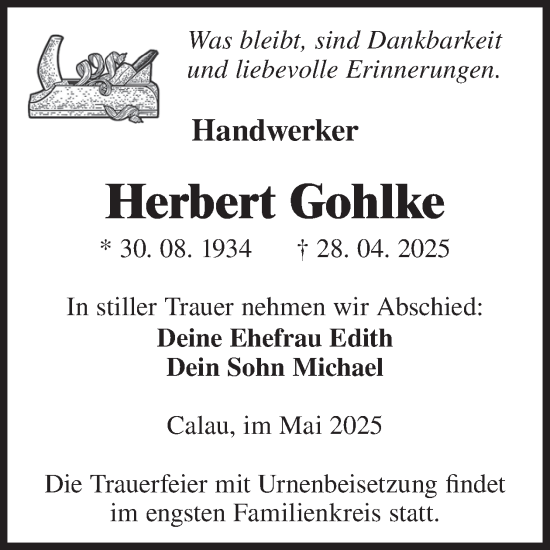 Traueranzeige von Herbert Gohlke von WochenKurier