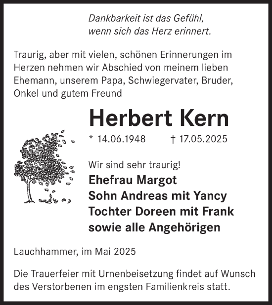 Traueranzeige von Herbert Kern von WochenKurier