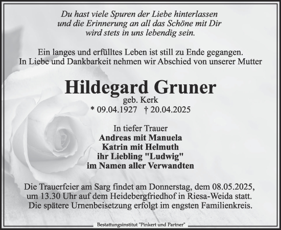 Traueranzeige von Hildegard Gruner von WochenKurier