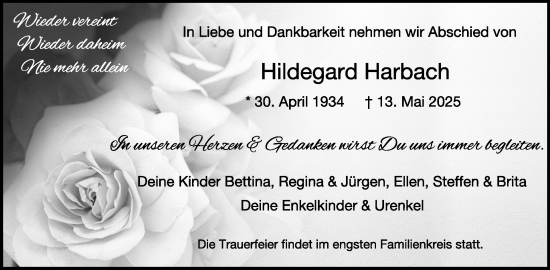 Traueranzeige von Hildegard Harbach von WochenKurier