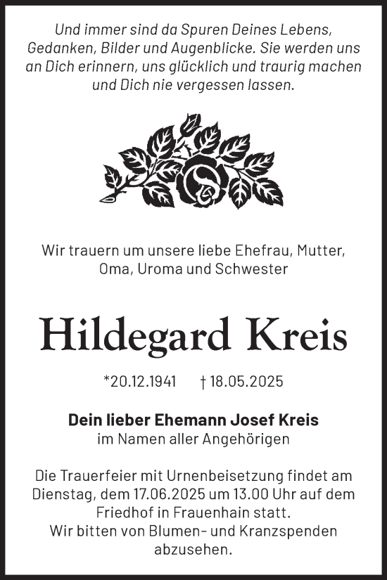 Traueranzeige von Hildegard Kreis von WochenKurier