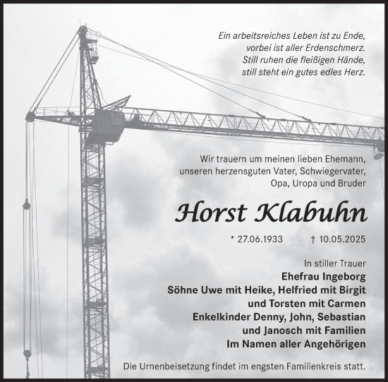 Traueranzeige von Horst Klabuhn von WochenKurier
