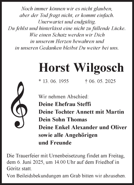 Traueranzeige von Horst Wilgosch von WochenKurier