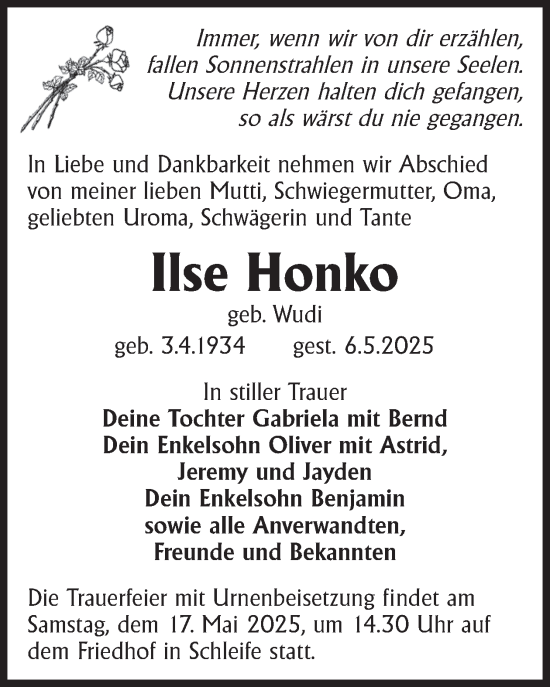 Traueranzeige von Ilse Honko von WochenKurier