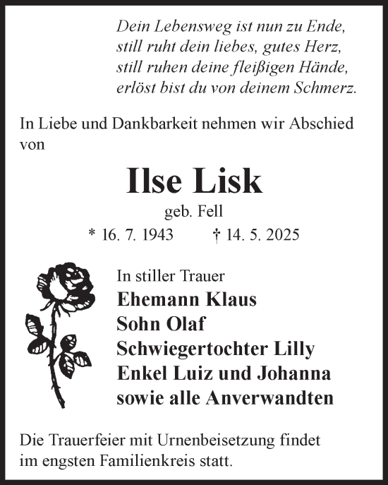 Traueranzeige von Ilse Lisk von WochenKurier