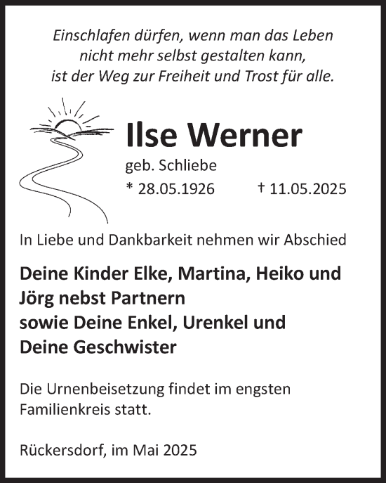 Traueranzeige von Ilse Werner von WochenKurier