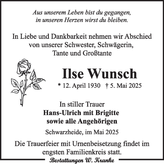 Traueranzeige von Ilse Wunsch von WochenKurier