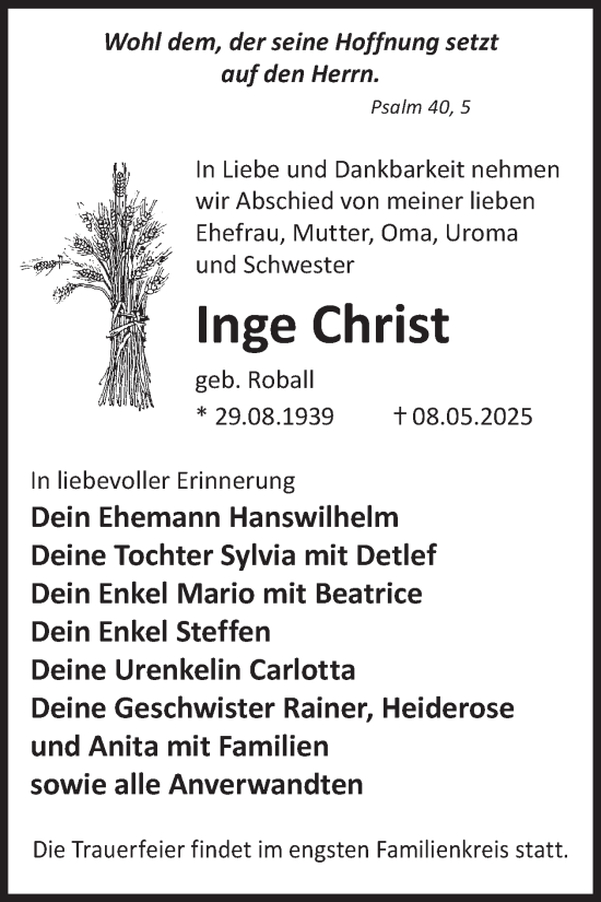 Traueranzeige von Inge Christ von WochenKurier