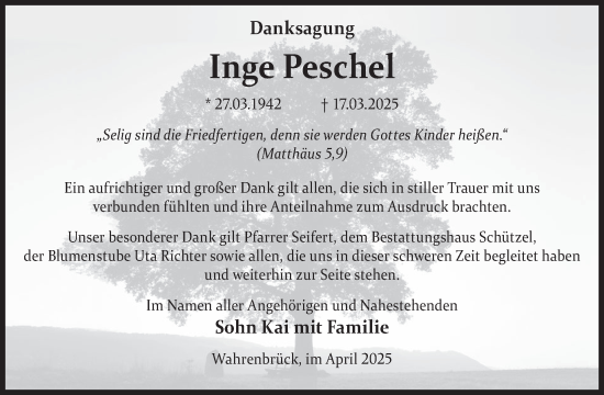 Traueranzeige von Inge Peschel von WochenKurier