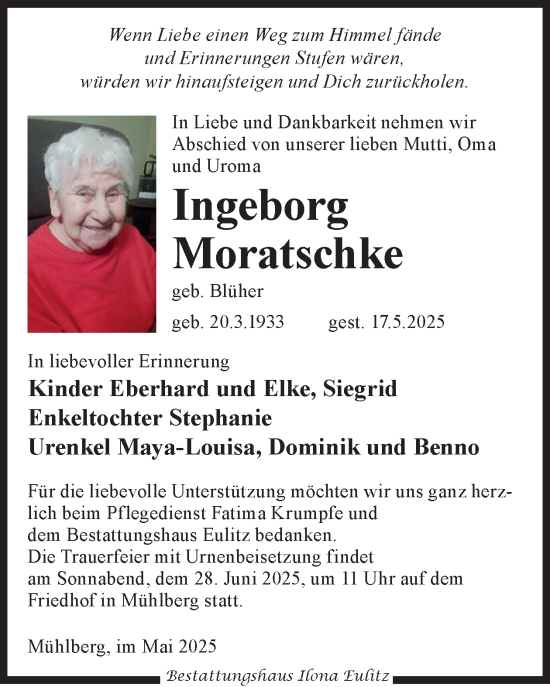 Traueranzeige von Ingeborg Moratschke von WochenKurier