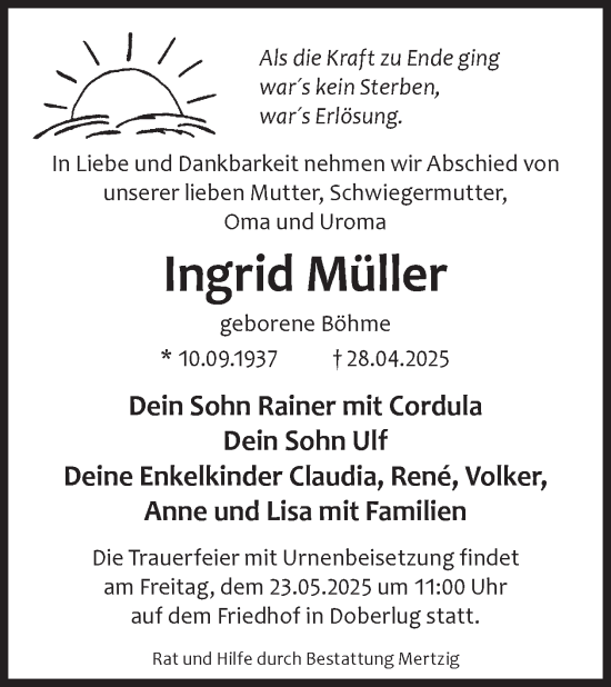 Traueranzeige von Ingrid Müller von WochenKurier