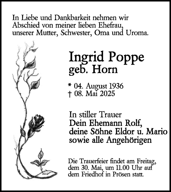 Traueranzeige von Ingrid Poppe von WochenKurier