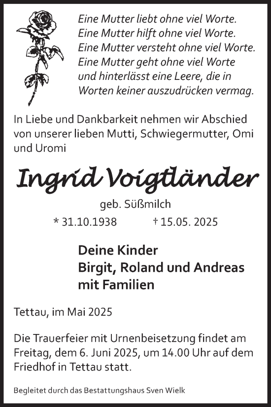Traueranzeige von Ingrid Voigtländer von WochenKurier