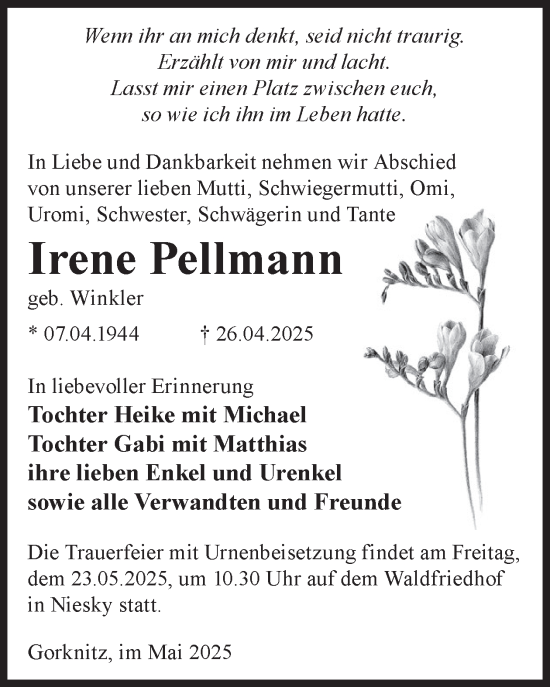 Traueranzeige von Irene Pellmann von WochenKurier
