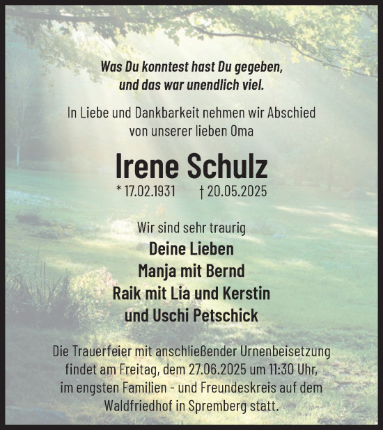 Traueranzeige von Irene Schulz von WochenKurier