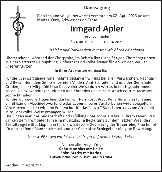 Traueranzeige von Irmgard Apler von WochenKurier