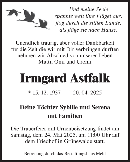 Traueranzeige von Irmgard Astfalk von WochenKurier