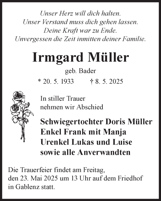 Traueranzeige von Irmgard Müller von WochenKurier
