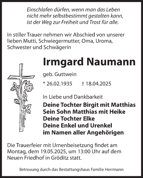 Traueranzeige von Irmgard Naumann von WochenKurier