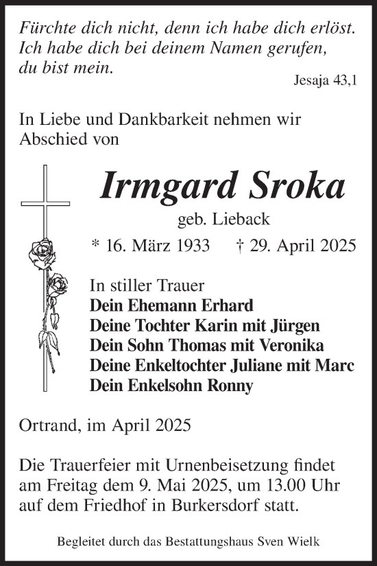 Traueranzeige von Irmgard Sroka von WochenKurier