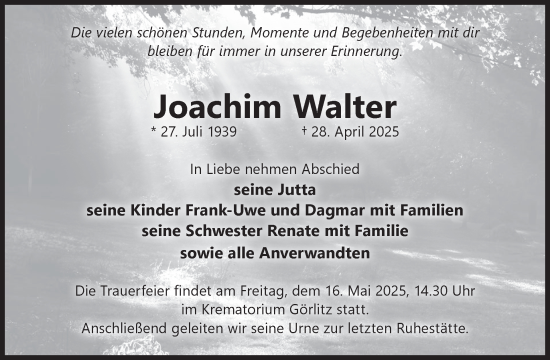 Traueranzeige von Joachim Walter von WochenKurier
