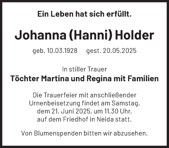 Traueranzeige von Johanna Holder von WochenKurier