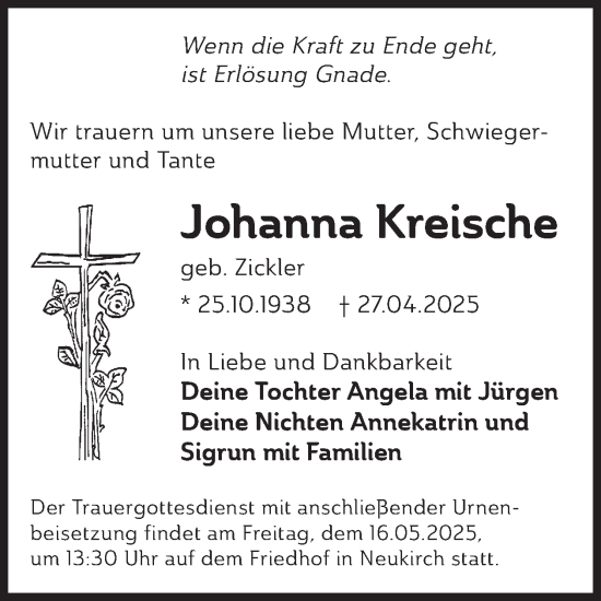 Traueranzeige von Johanna Kreische von WochenKurier