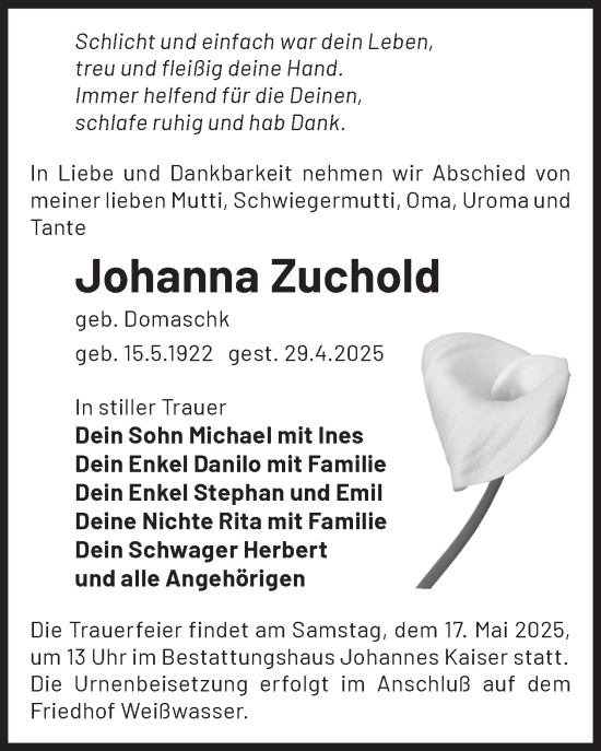Traueranzeige von Johanna Zuchold von WochenKurier