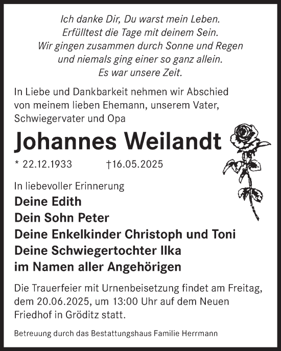 Traueranzeige von Johannes Weilandt von WochenKurier