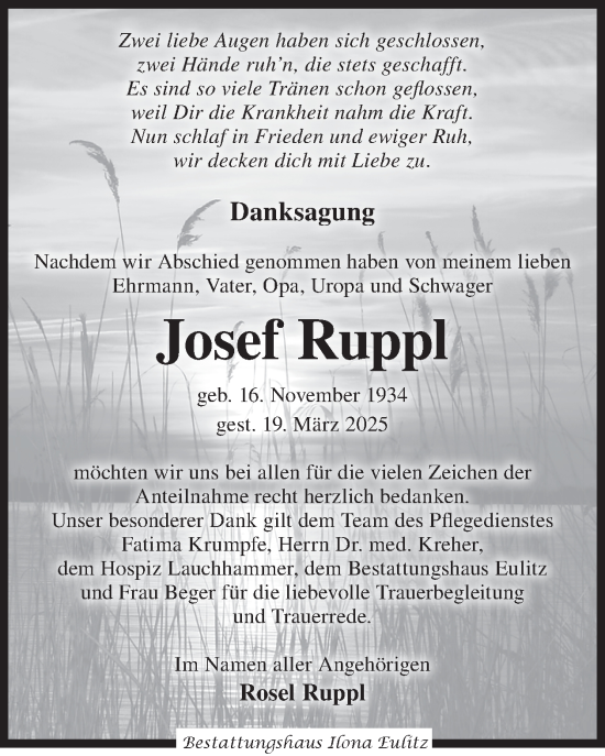 Traueranzeige von Josef Ruppl von WochenKurier
