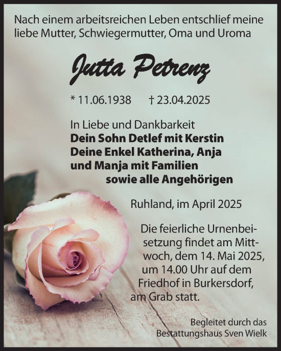 Traueranzeige von Jutta Petrenz von WochenKurier
