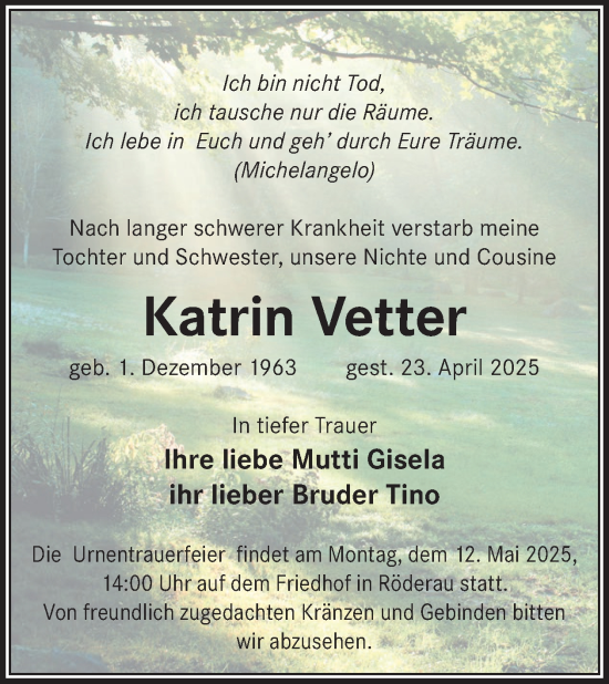 Traueranzeige von Katrin Vetter von WochenKurier
