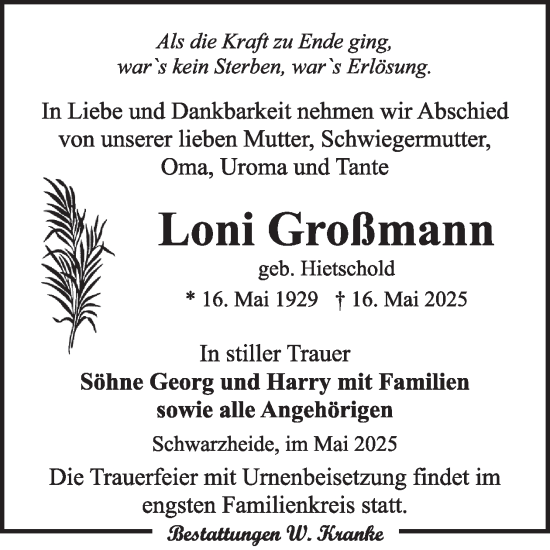 Traueranzeige von Loni Großmann von WochenKurier