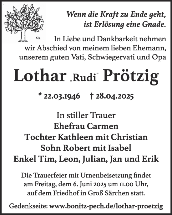 Traueranzeige von Lothar Prötzig von WochenKurier