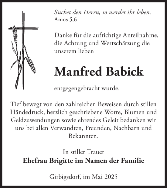Traueranzeige von Manfred Babick von WochenKurier