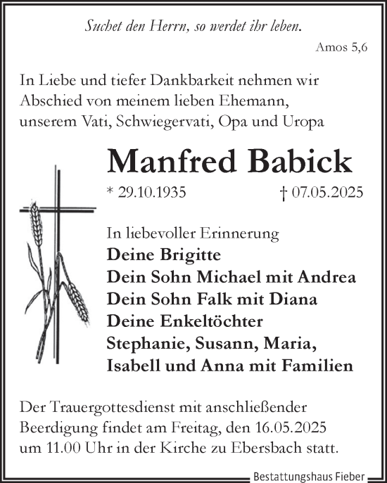 Traueranzeige von Manfred Babick von WochenKurier