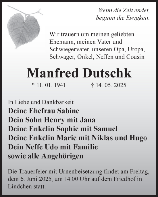 Traueranzeige von Manfred Dutschk von WochenKurier