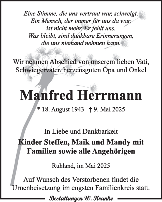 Traueranzeige von Manfred Herrmann von WochenKurier