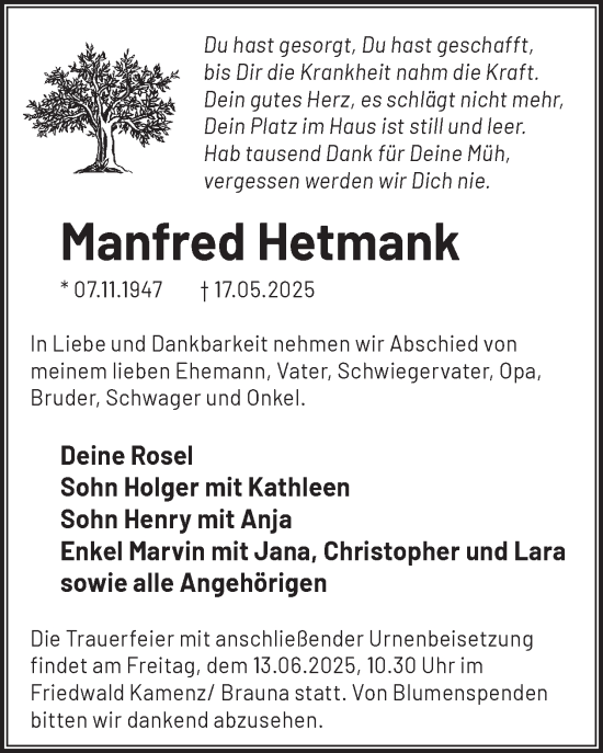 Traueranzeige von Manfred Hetmank von WochenKurier