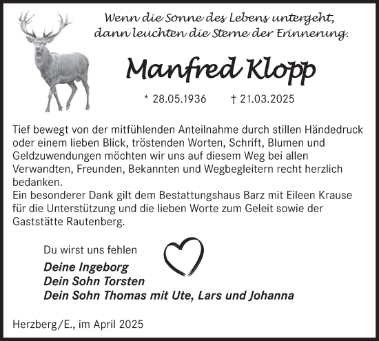 Traueranzeige von Manfred Klopp von WochenKurier